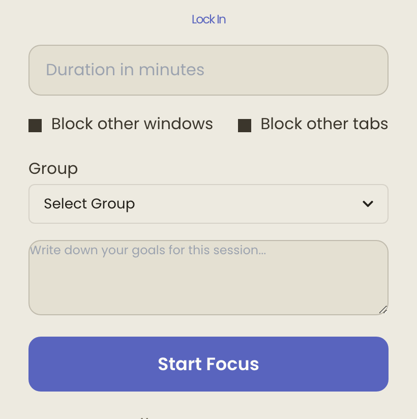 Lock In focus session setup with duration, distraction blocking, and session goals