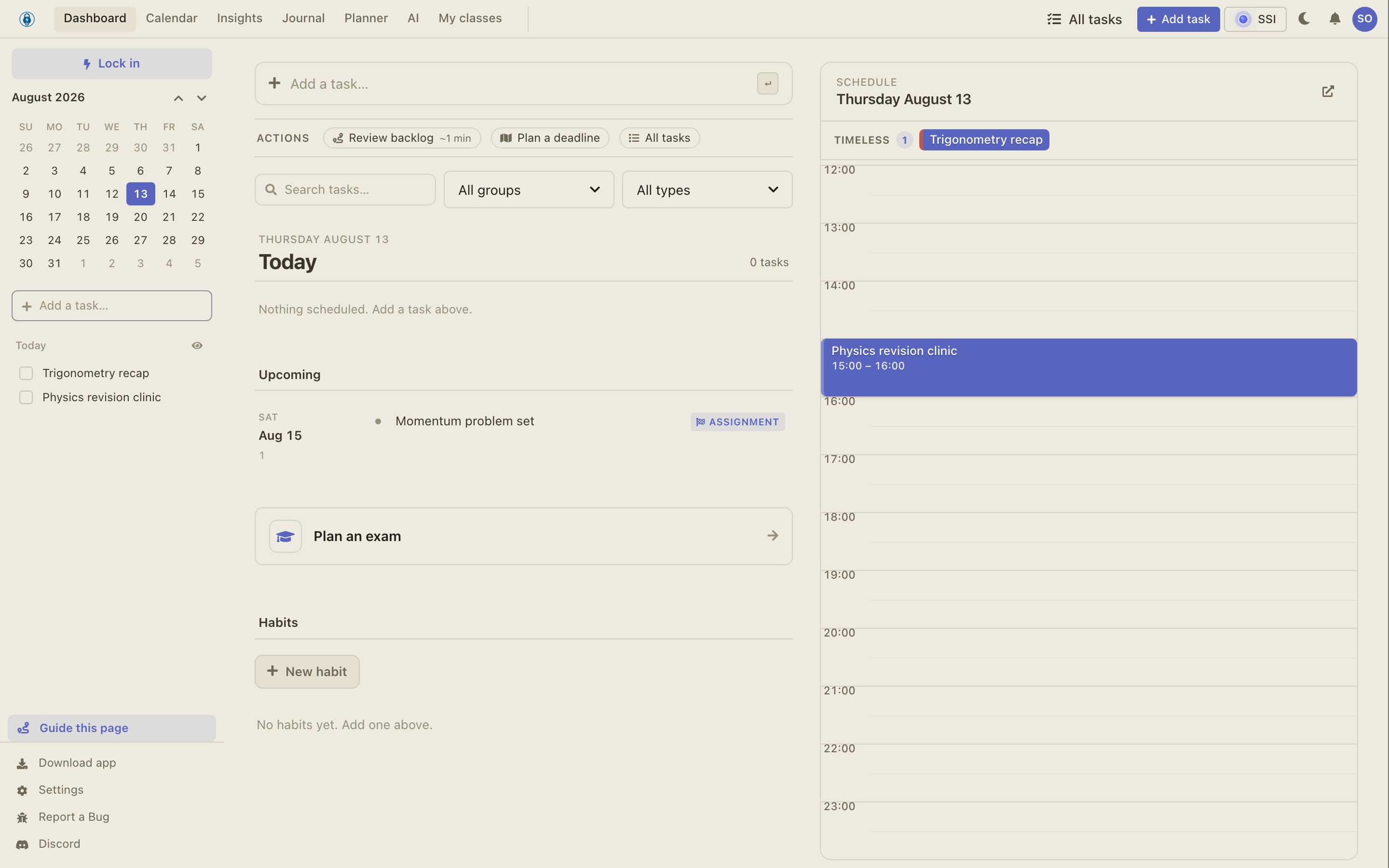 Lock In student dashboard with today's plan and a scheduled study session