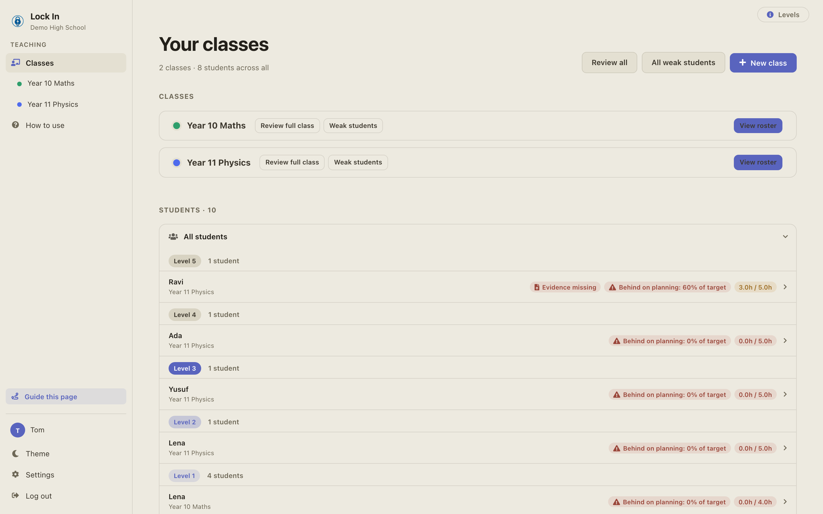 Lock In teacher dashboard with classes, rosters, and per-student planning status